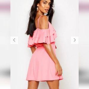 Ruffle Cold Shoulder Skater Dress, Coral, Size 10